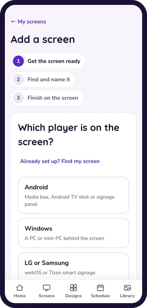 Add a screen in Studio: three numbered steps and a choice of Android, Windows, or LG and Samsung players.