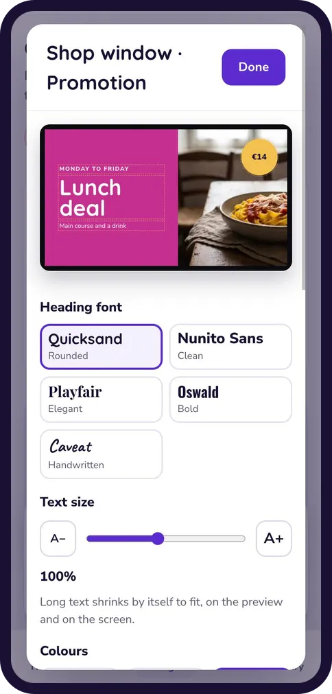 The editor for the Lunch deal template, with five heading fonts and a text size slider.