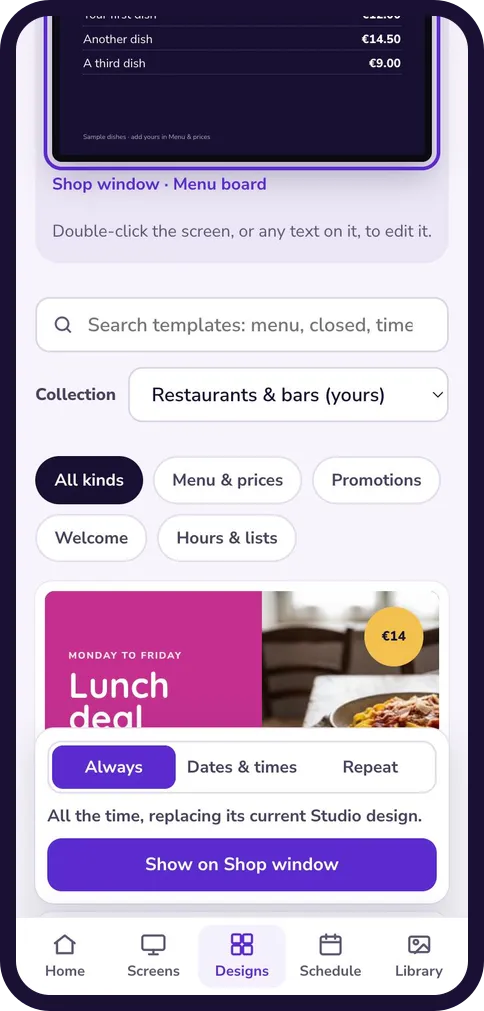 The template gallery with a search box, the Restaurants and bars collection and filters by kind.