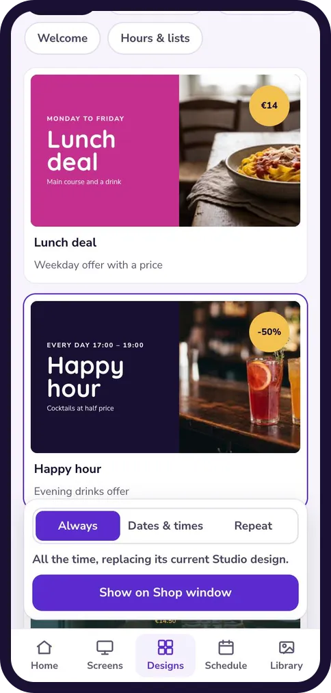 The Lunch deal and Happy hour templates, each with a headline, a price badge and a food or drink photo.