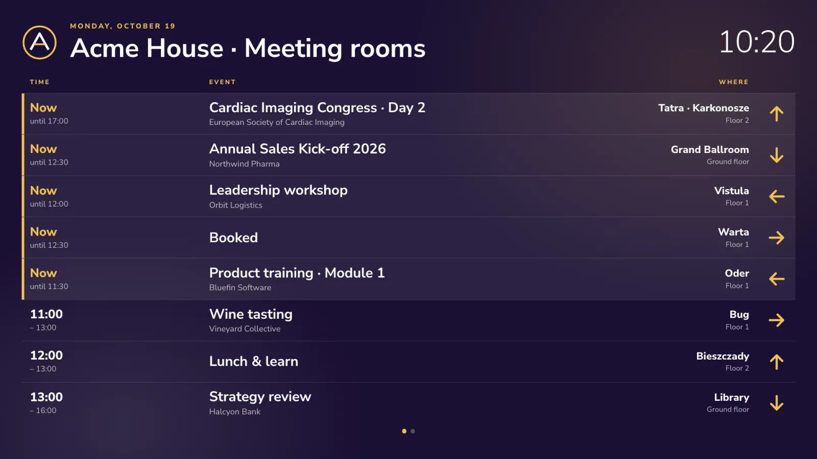 A meeting rooms board in an office style on a dark purple background, listing the meetings on now and later with rooms and arrows