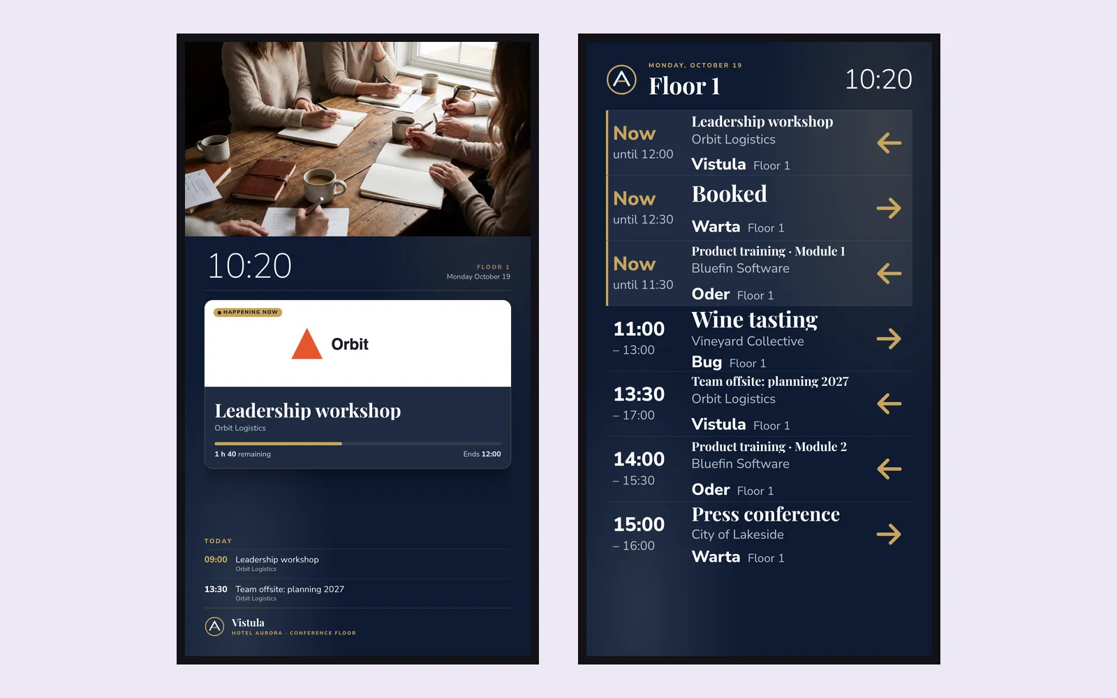 Two portrait screens: on the left, the Vistula room’s door sign with the client’s logo, the workshop on now and the day’s list; on the right, the Floor 1 board with each event, its room and an arrow