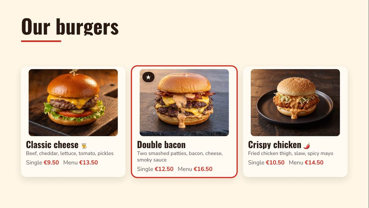 Photo cards for the burgers: classic cheese, double bacon starred for today and crispy chicken, each with its single and menu prices