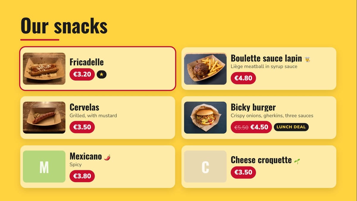 Photo cards for six snacks with their price badges: fricadelle, boulette sauce lapin, cervelas, bicky burger, mexicano and cheese croquette