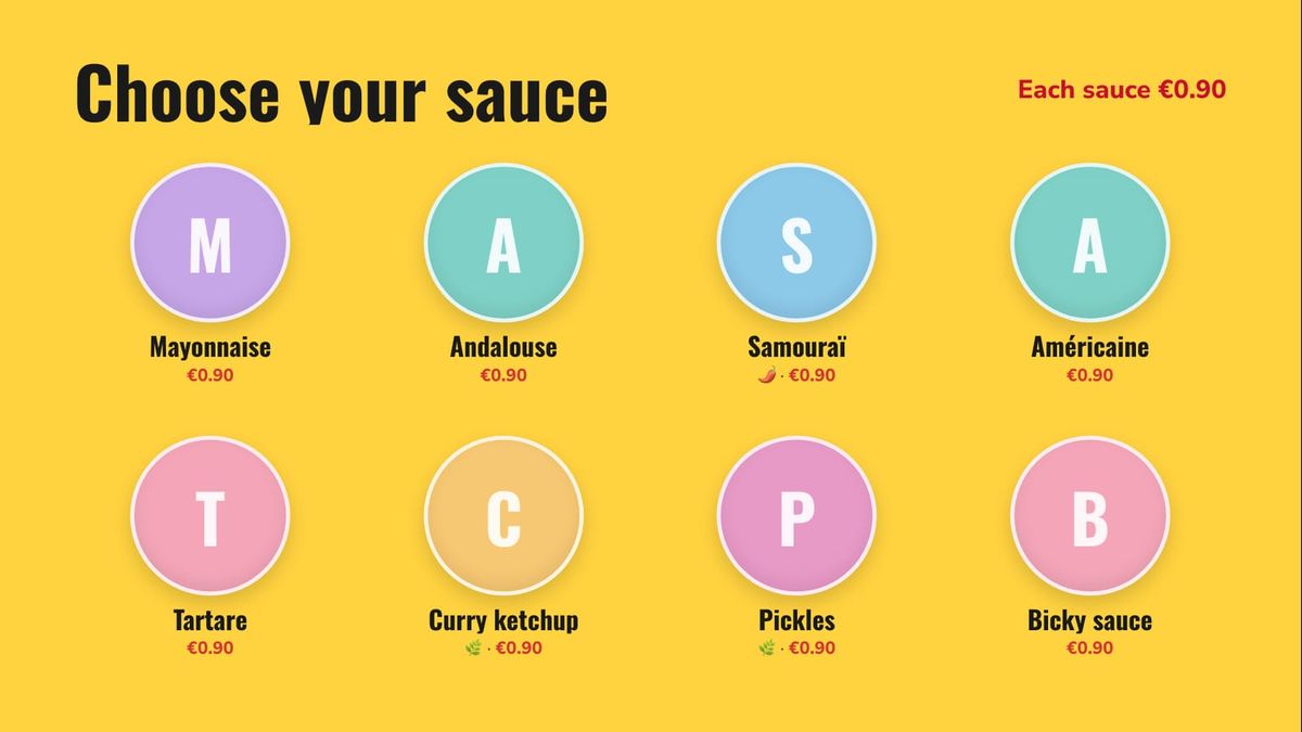 Eight sauces as coloured circles: mayonnaise, andalouse, samouraï, américaine, tartare, curry ketchup, pickles and bicky sauce