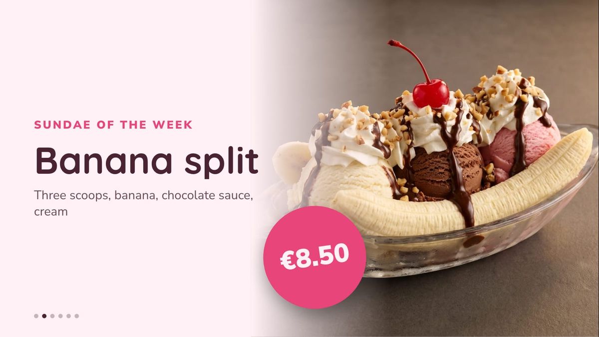 One sundae filling the screen: the banana split with its description and price
