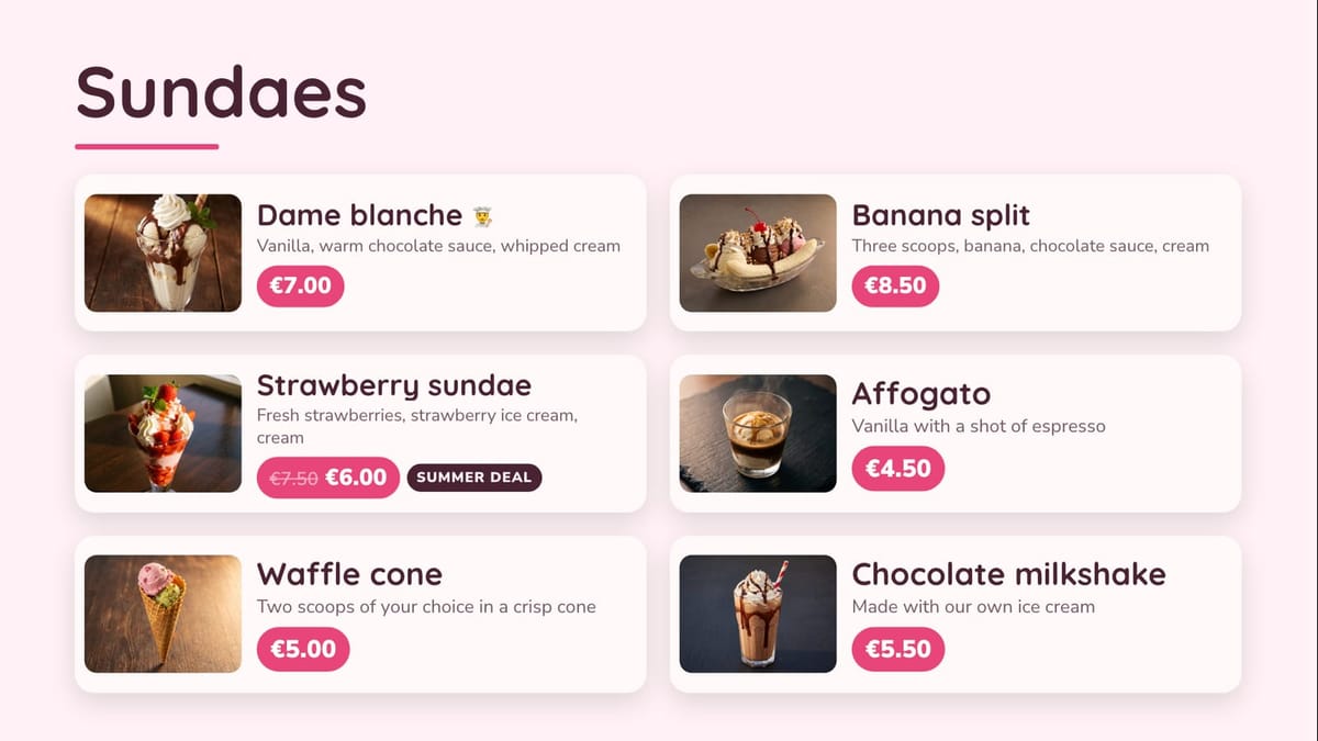 Photo cards for six sundaes and drinks: dame blanche, banana split, a strawberry sundae on a summer deal, affogato, waffle cone and a chocolate milkshake