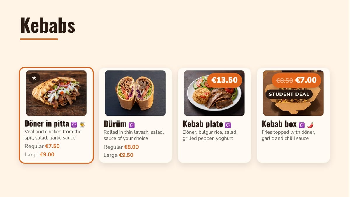 Photo cards for four kebab dishes: döner in pitta starred as today's dish, dürüm, a kebab plate and a kebab box on a student deal, each with its labels and prices