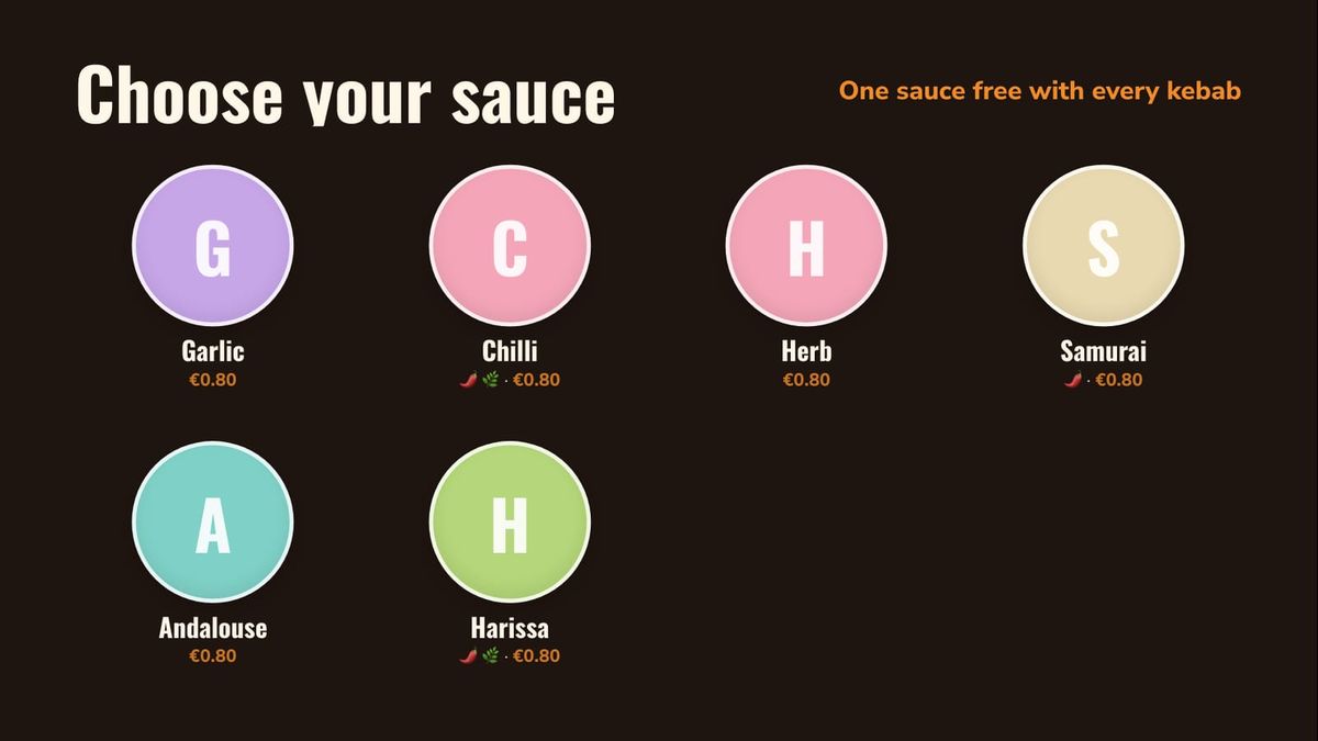 Six sauces as coloured circles: garlic, chilli, herb, samurai, andalouse and harissa