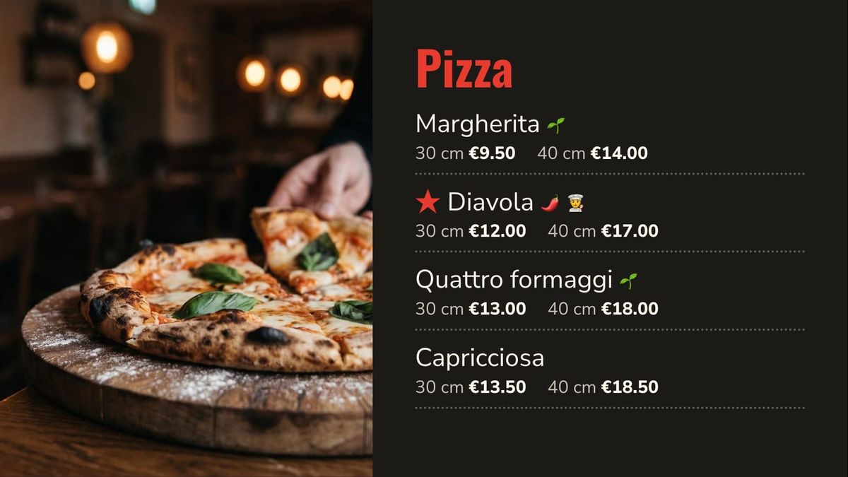 The pizza menu: margherita, diavola, quattro formaggi and capricciosa with 30 cm and 40 cm prices, beside a photo of a pizza