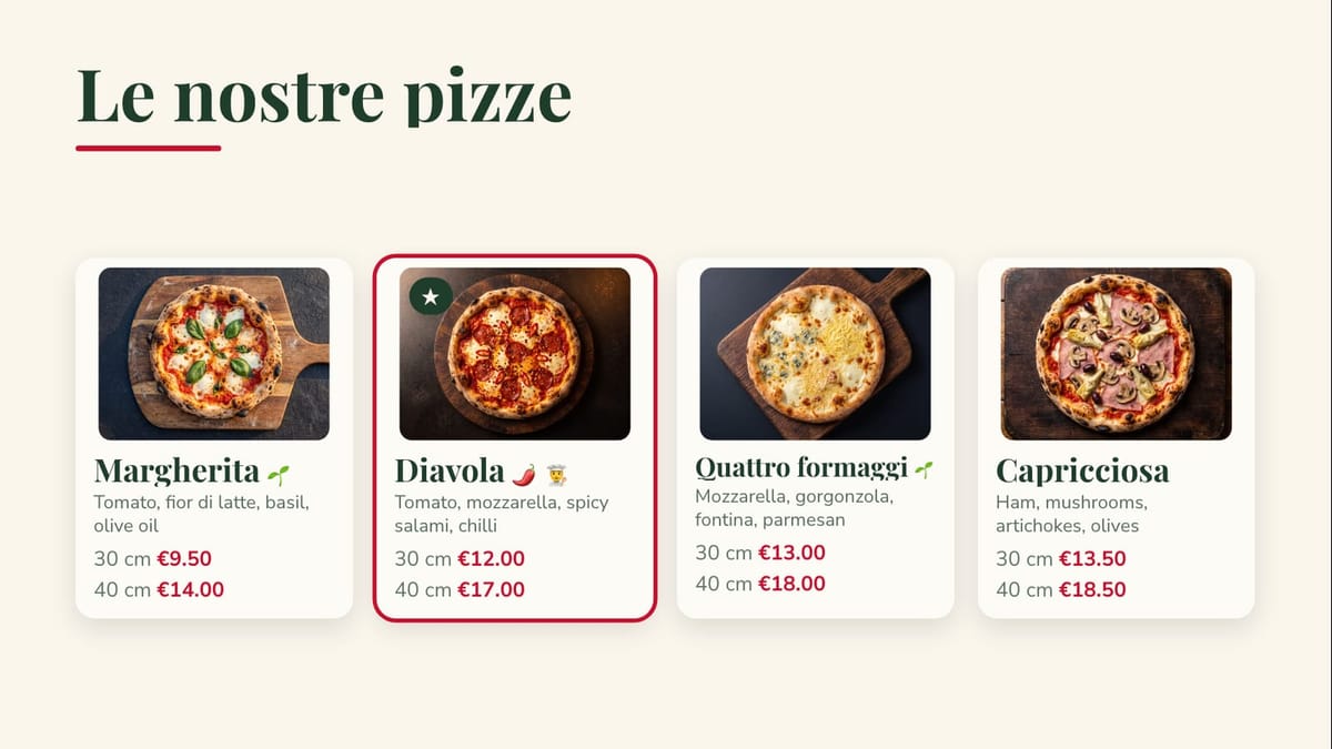 Photo cards for four pizzas with ingredients and 30 and 40 cm prices: margherita, diavola starred as today's pizza, quattro formaggi and capricciosa