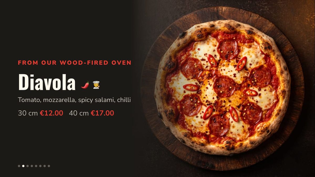 One pizza filling the screen: a diavola from the wood-fired oven with its ingredients and two prices