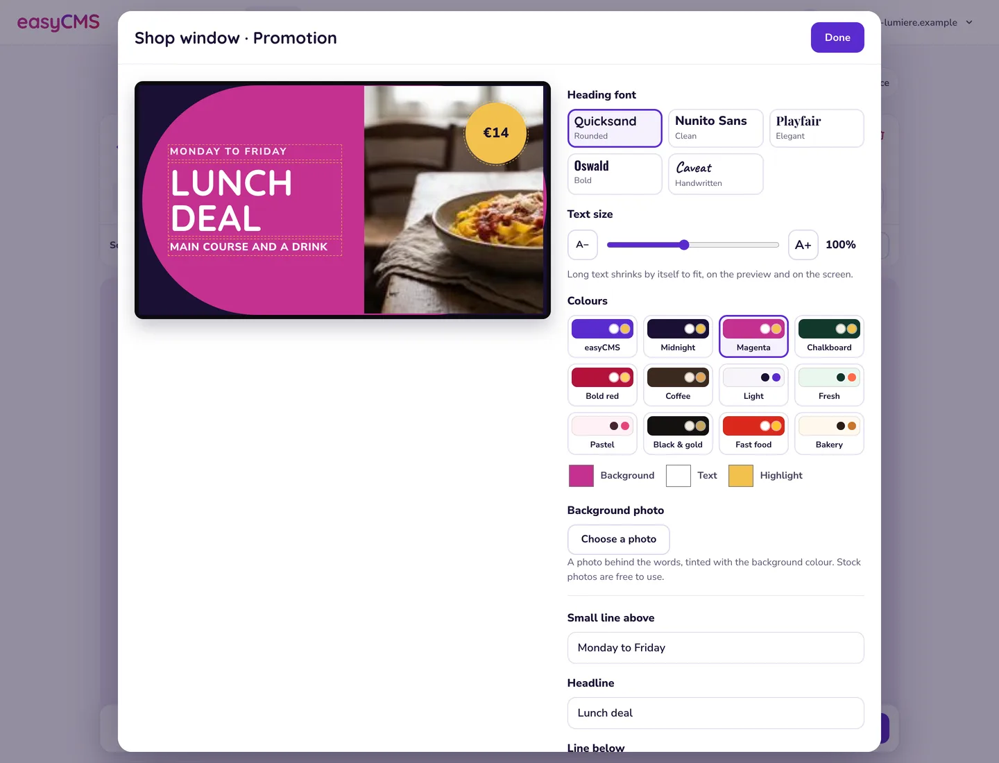 Editing the Lunch deal template in Studio: the words typed on the preview, five heading fonts, a text size slider, colour palettes and a background photo.