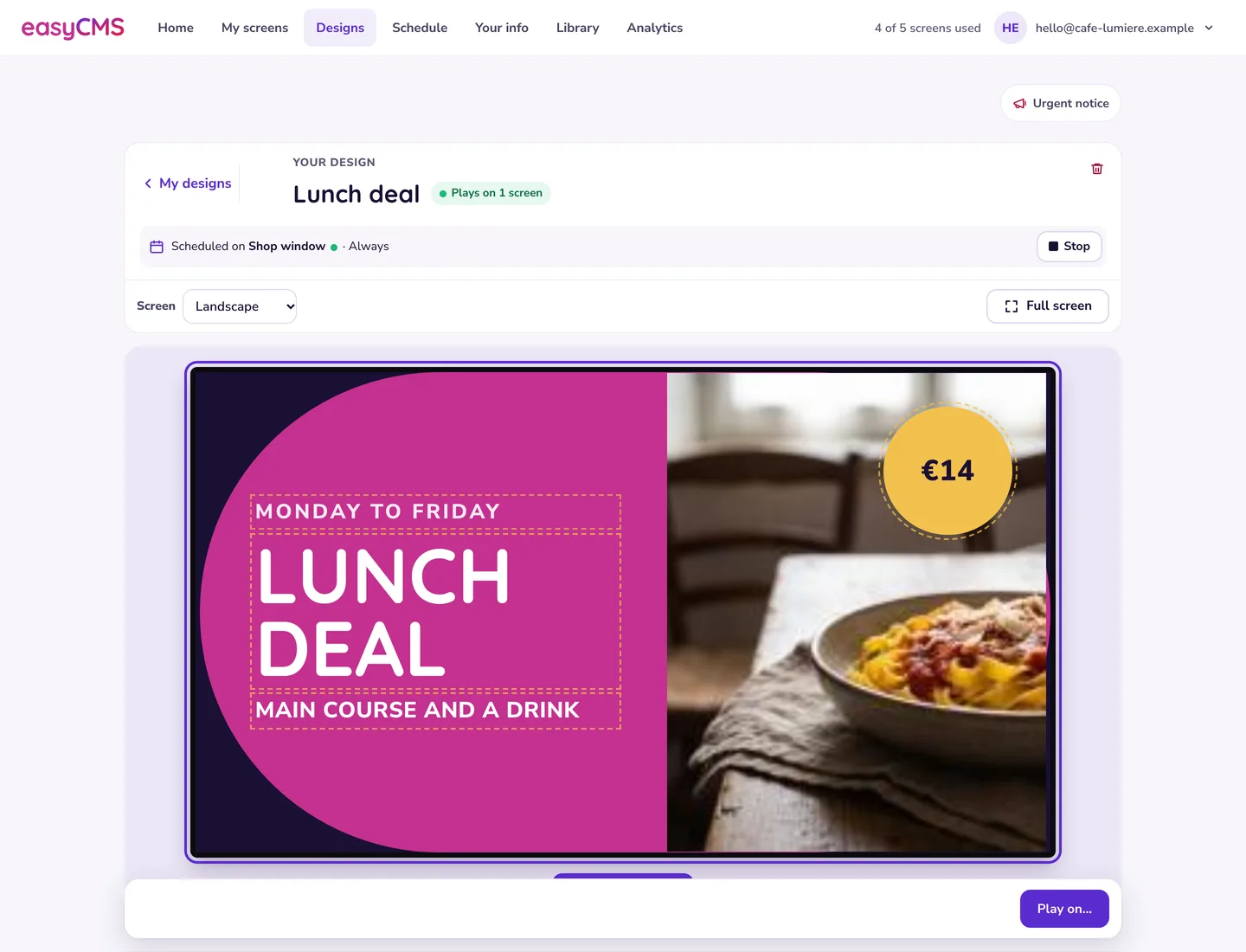 Die Design-Seite von Studio: das Design Lunch deal, geplant auf dem Bildschirm Shop window, mit Vorschau in voller Größe und einem Button Play on.