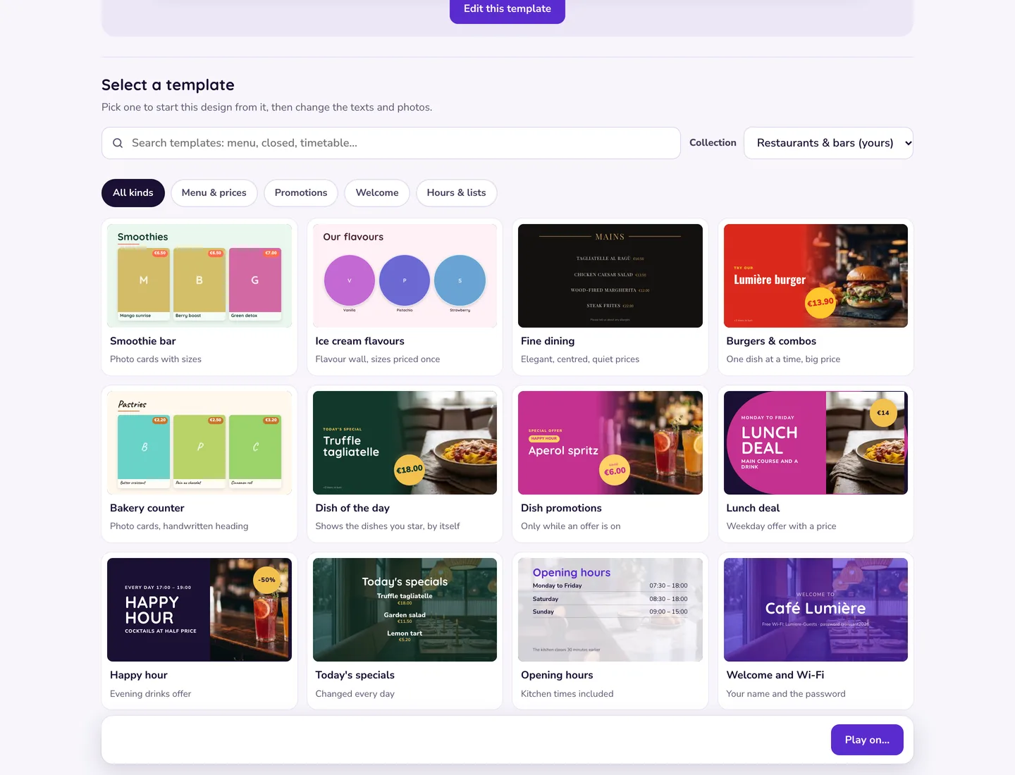 Studio's template gallery for a restaurant: search, collections, filters by kind, and previews such as Fine dining, Burgers, Dish of the day, Lunch deal and Happy hour.