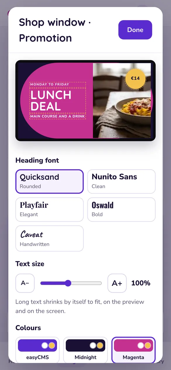 The same Studio on a phone, editing the Lunch deal template: fonts, text size and colours.
