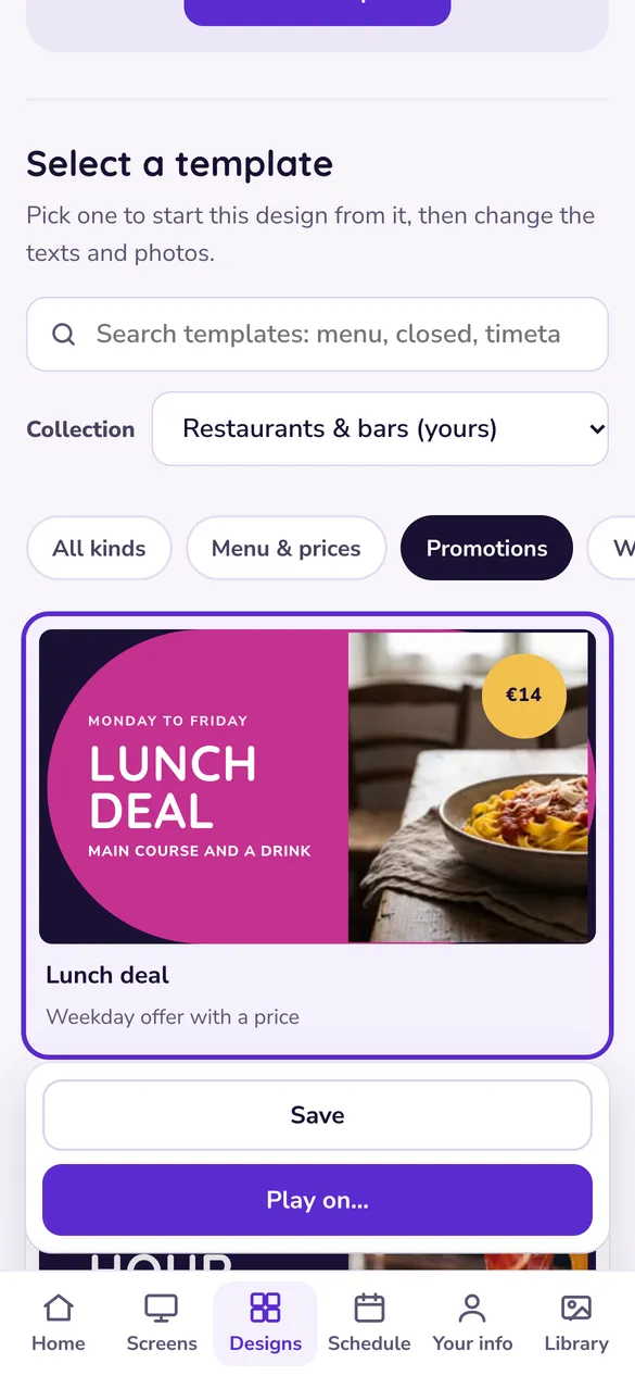 The template gallery on a phone, with search, collections and filters by kind.