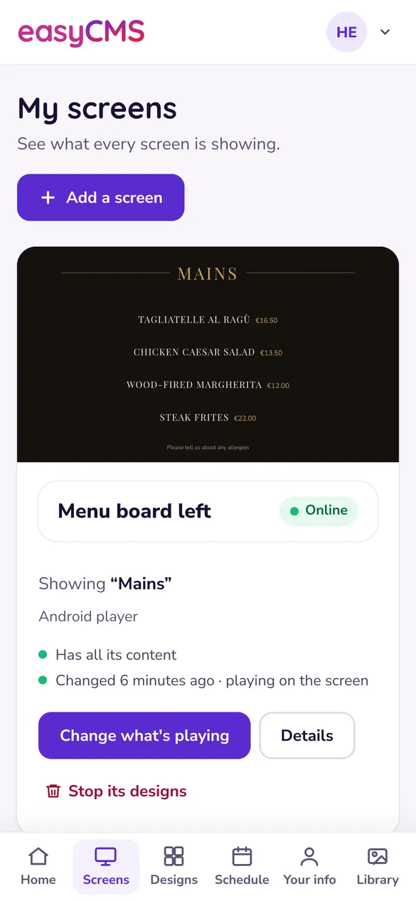 My screens on a phone: the Menu board left screen online, showing its Mains menu.