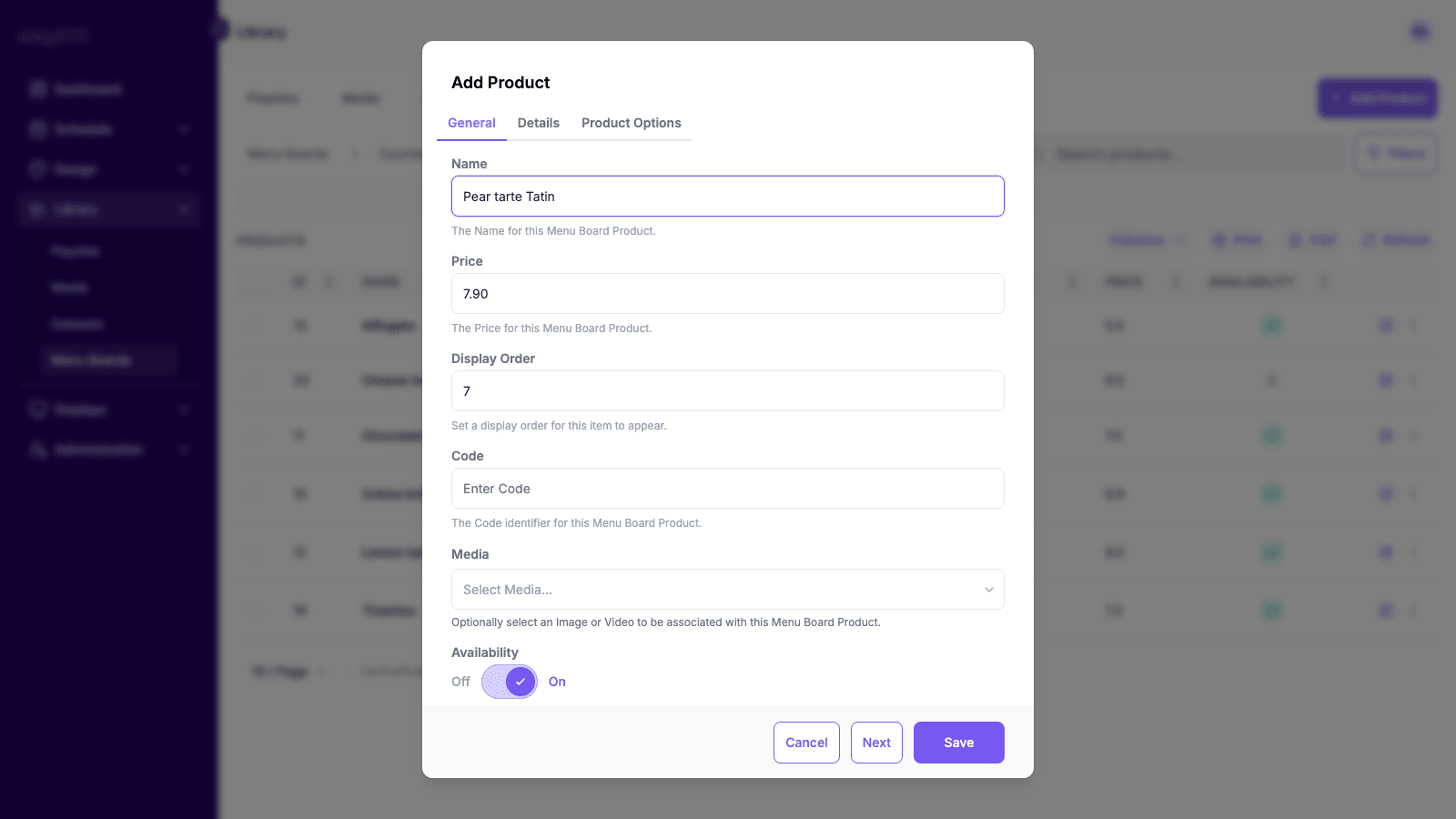 The Add Product dialog on the General tab with a name, price and display order filled in