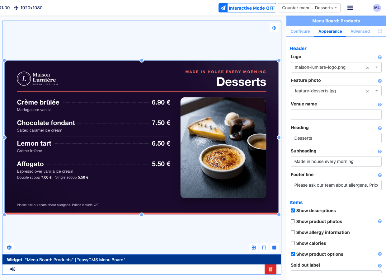 The Appearance tab showing the Header settings: logo, feature photo, venue name, heading, subheading and footer line