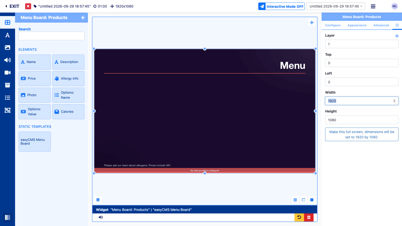 The Positioning tab with Top and Left at 0, Width 1920, Height 1080 and the Make this full screen button