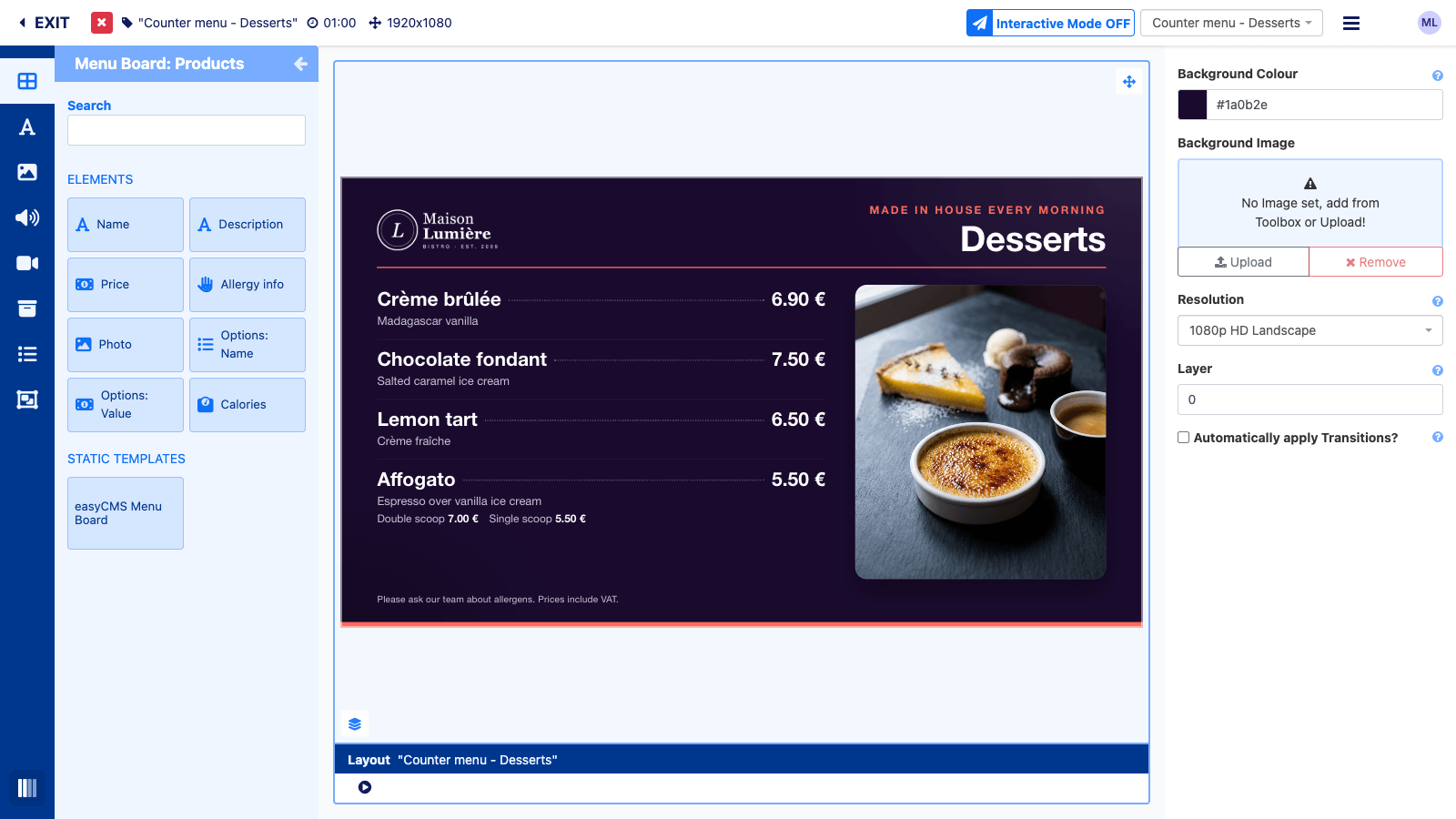The layout editor toolbox showing the Menu Board: Products elements and, under Static Templates, the easyCMS Menu Board card