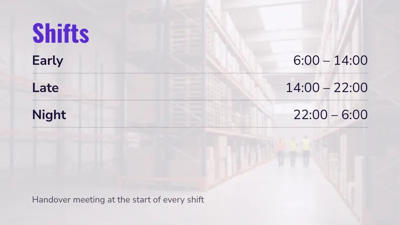 Shift times: Early, late and night. An easyCMS Studio template.