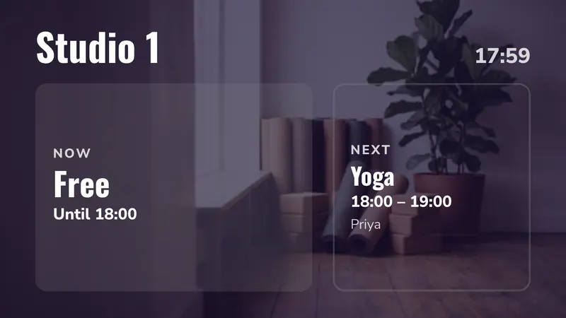 Studio door: The class on now, and next. An easyCMS Studio template.