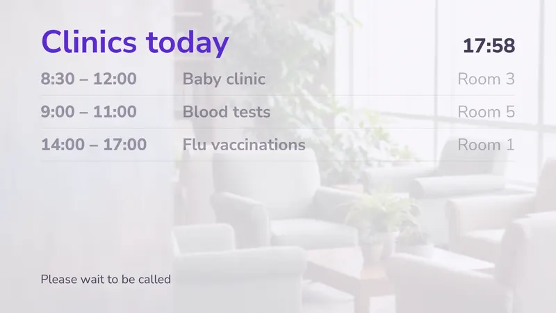 Clinics today: What runs when, and where. An easyCMS Studio template.