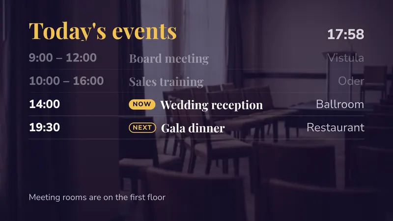 Today's events: Time, event and room, now and next. An easyCMS Studio template.