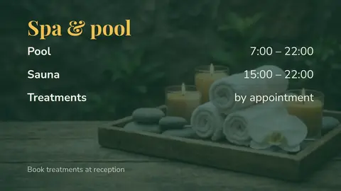 Spa and pool: Öffnungszeiten je Einrichtung. Eine Vorlage aus easyCMS Studio.