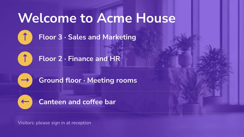 Lobby directory: Which floor is which. An easyCMS Studio template.
