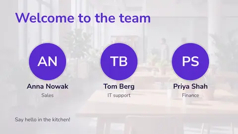 Welcome new starters: Gesichter und Teams. Eine Vorlage von easyCMS Studio.