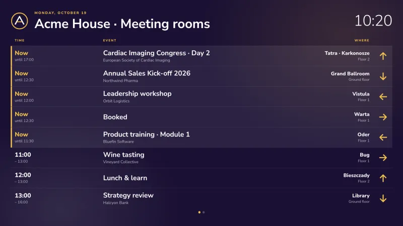 Meeting rooms board: Every room, live from your calendars. An easyCMS Studio template.