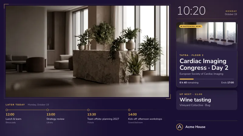Reception board: Your video, with what is on now and next. An easyCMS Studio template.