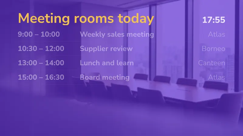 Meeting rooms today: What is on now and next. An easyCMS Studio template.