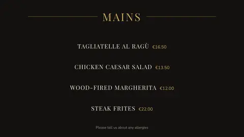 Fine dining: Elegant, zentriert, dezente Preise. Eine Vorlage aus easyCMS Studio.