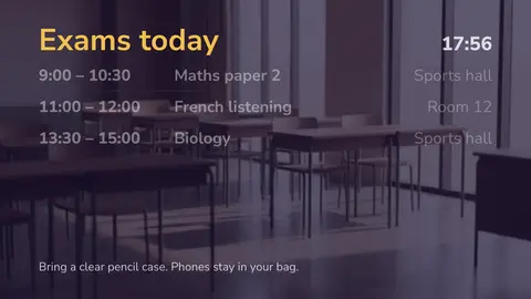 Exams today: examen, hora y aula. Una plantilla de easyCMS Studio.