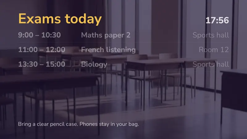 Exams today: Paper, time and room. An easyCMS Studio template.