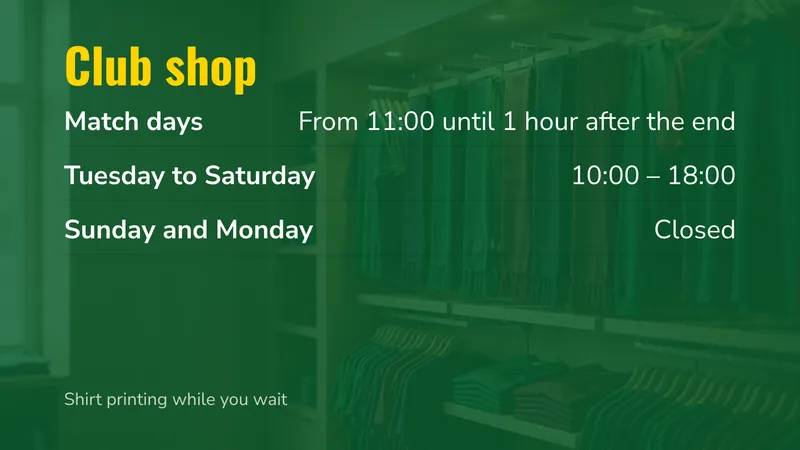 Club shop hours: Match days and the rest of the week. An easyCMS Studio template.